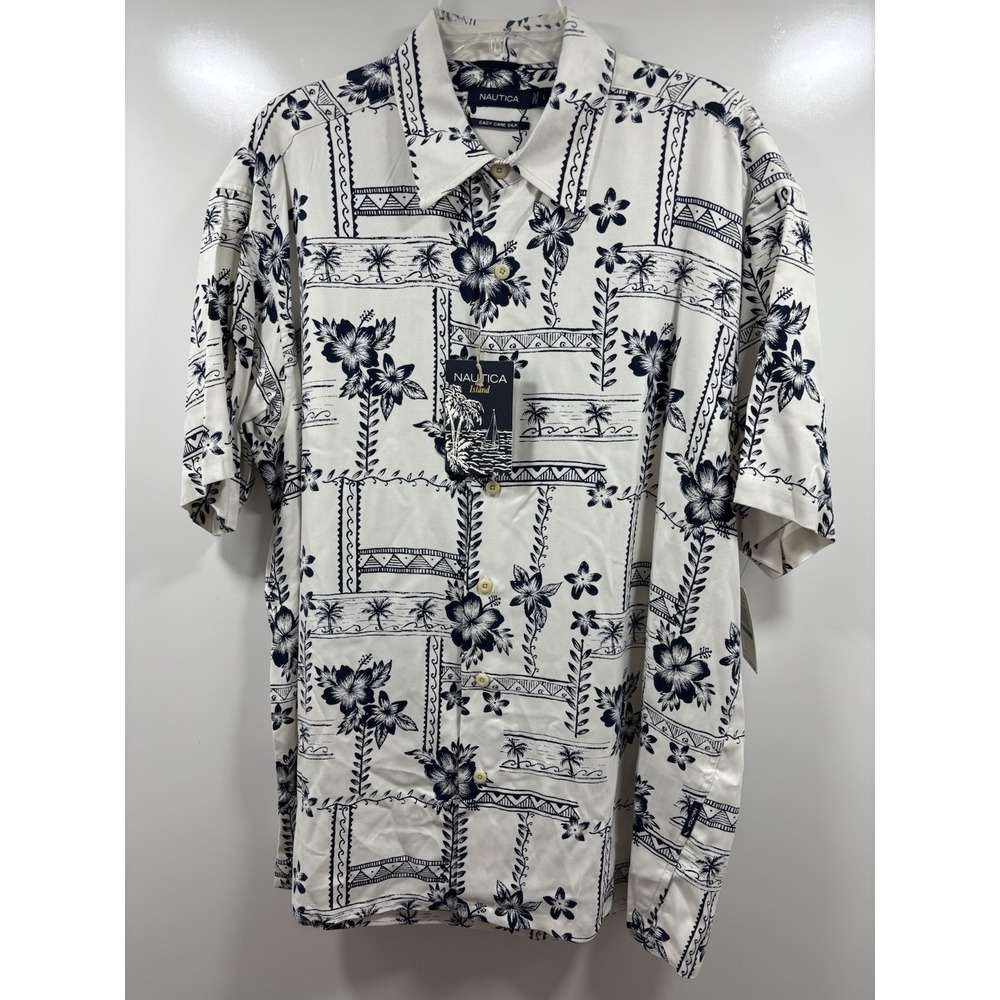 Nautica Hawaiian Shirt Mens Large 100%‎ Silk White Short Sleeve Button Up NWT